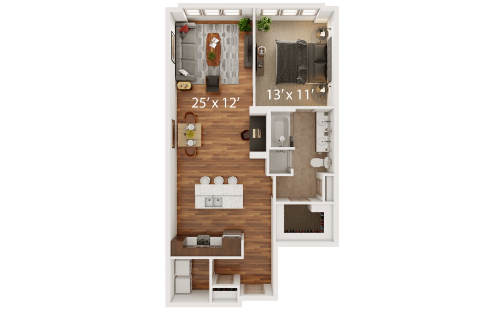 E - 1 bedroom floorplan layout with 1 bathroom and 1007 square feet