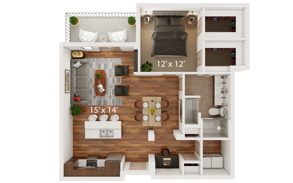 F - 1 bedroom floorplan layout with 1 bathroom and 1029 square feet