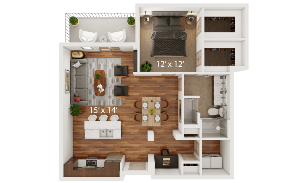 F - 1 bedroom floorplan layout with 1 bathroom and 1029 square feet