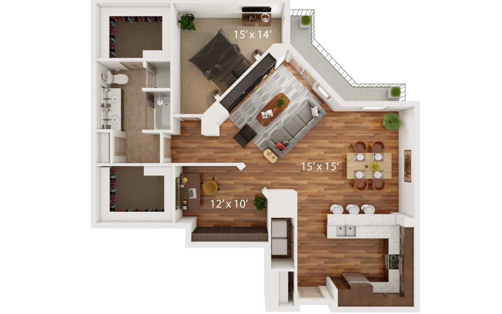 J - 1 bedroom floorplan layout with 1 bathroom and 1351 square feet