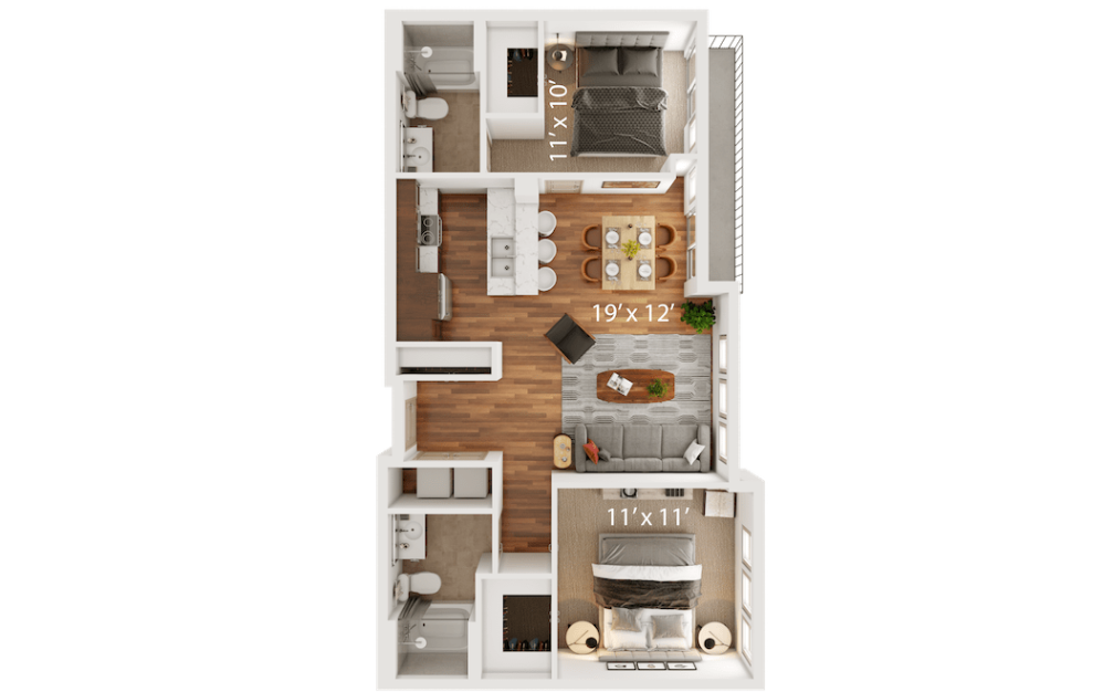 L - 2 bedroom floorplan layout with 2 bathrooms and 1051 square feet