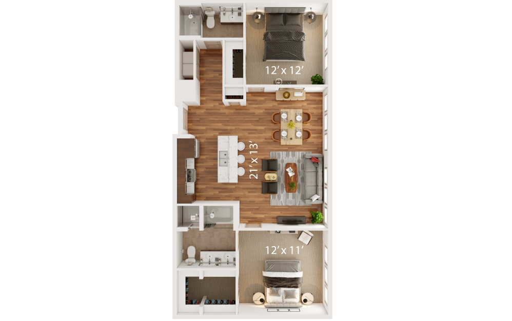 M - 2 bedroom floorplan layout with 2 bathrooms and 1273 square feet