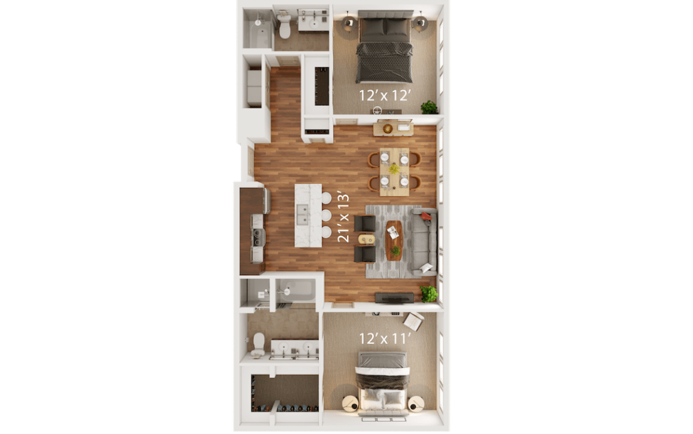M - 2 bedroom floorplan layout with 2 bathrooms and 1273 square feet