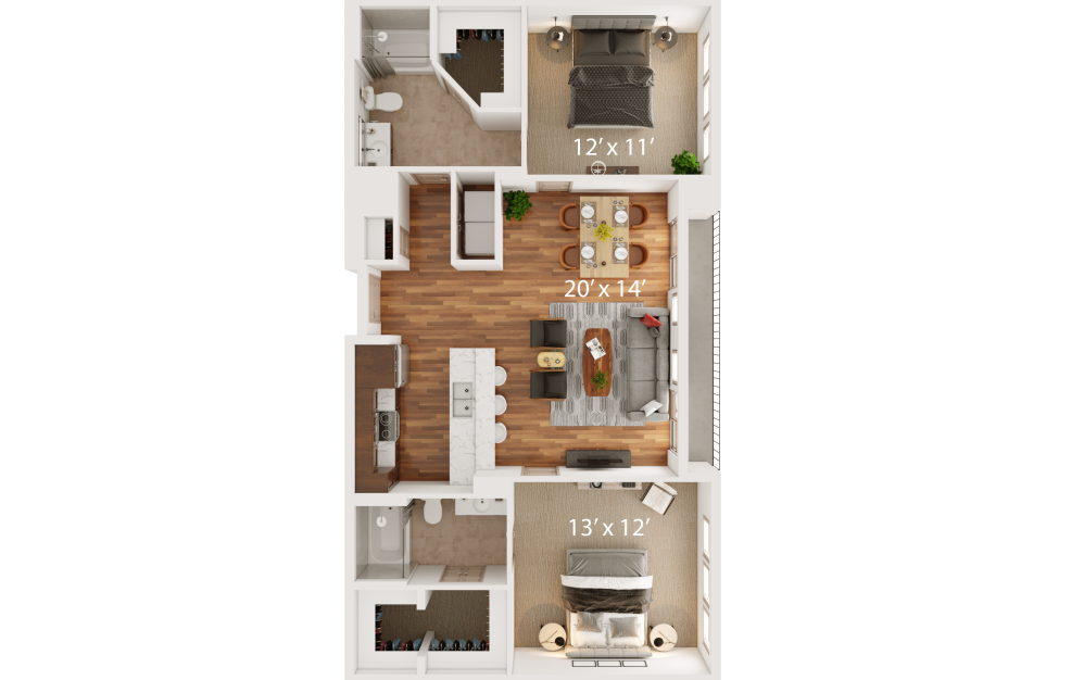 O - 2 bedroom floorplan layout with 2 bathrooms and 1165 square feet