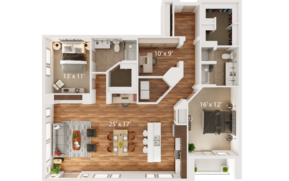 R - 2 bedroom floorplan layout with 2 bathrooms and 1842 square feet