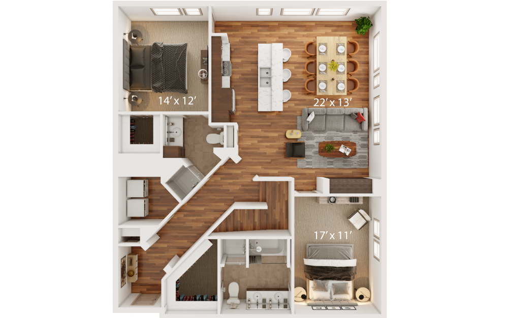 S - 2 bedroom floorplan layout with 3 bathrooms and 2068 square feet (Floor 1)