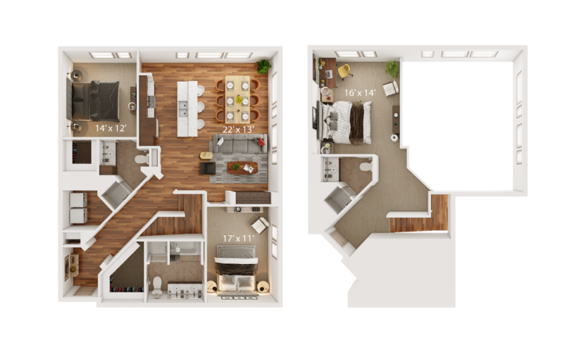 Floor plan map for a 3 bedroom apartment at The Porter Brewer's Hill in Baltimore, MD, with rendered surfaces and features.
